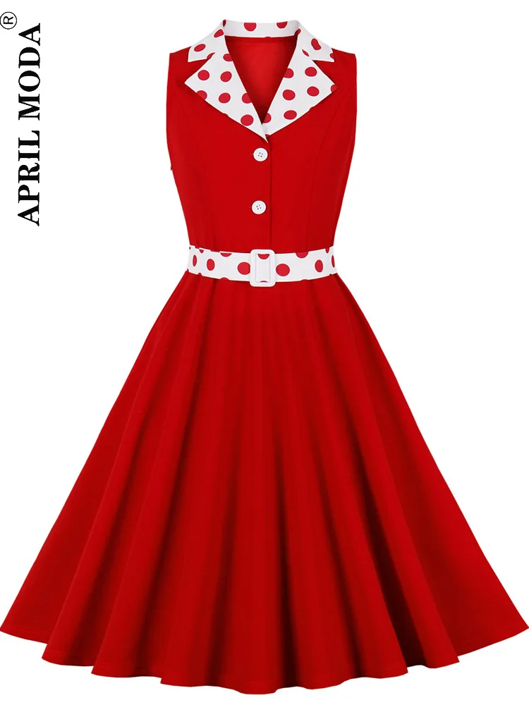 Segast Polka Dot Print 1950. aastate Rockabilly Plisseeritud Vöö Kleit Varrukateta Punane Roheline 60s Suvel Naiste Kõrge Vöökoht Vintage Kleidid