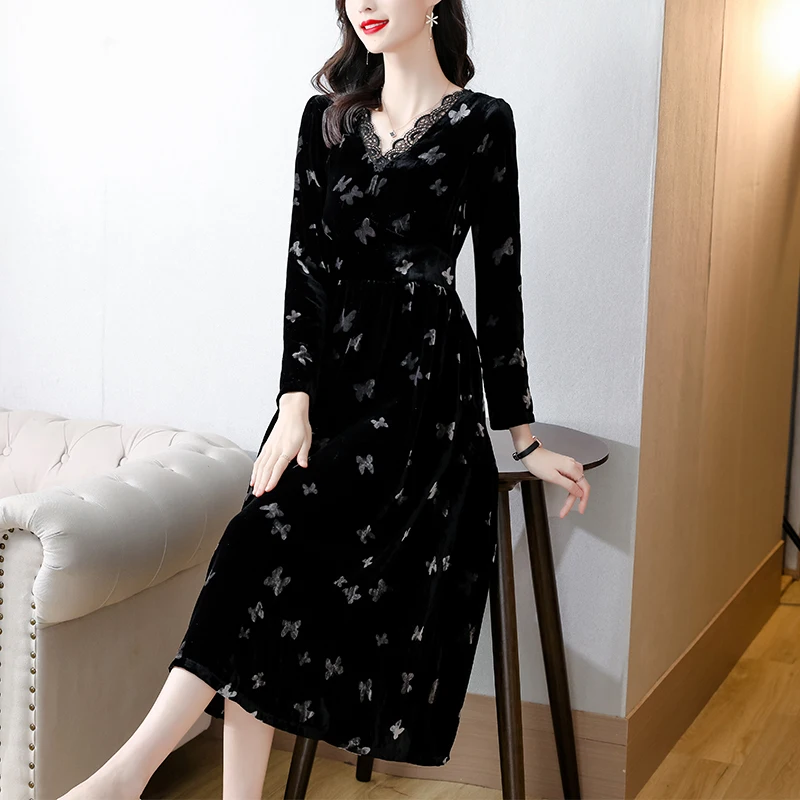 Sügis-Talve Must Hepburn Vintage Midi Kleit 2023 Bodycon Velvet Prindi Casul Kleit Naistele Uus Elegantne Pikk Varrukas Pool Vestido